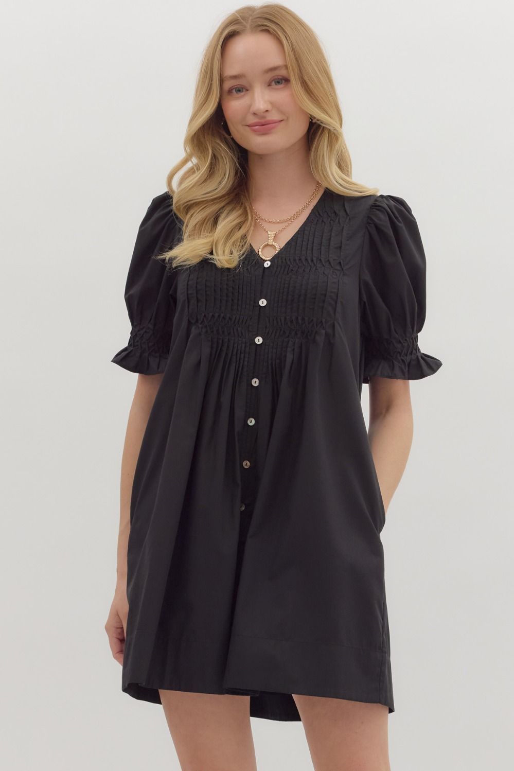 Short Puff Sleeve Pintuck Mini Dress, Color: BLACK, Size: S