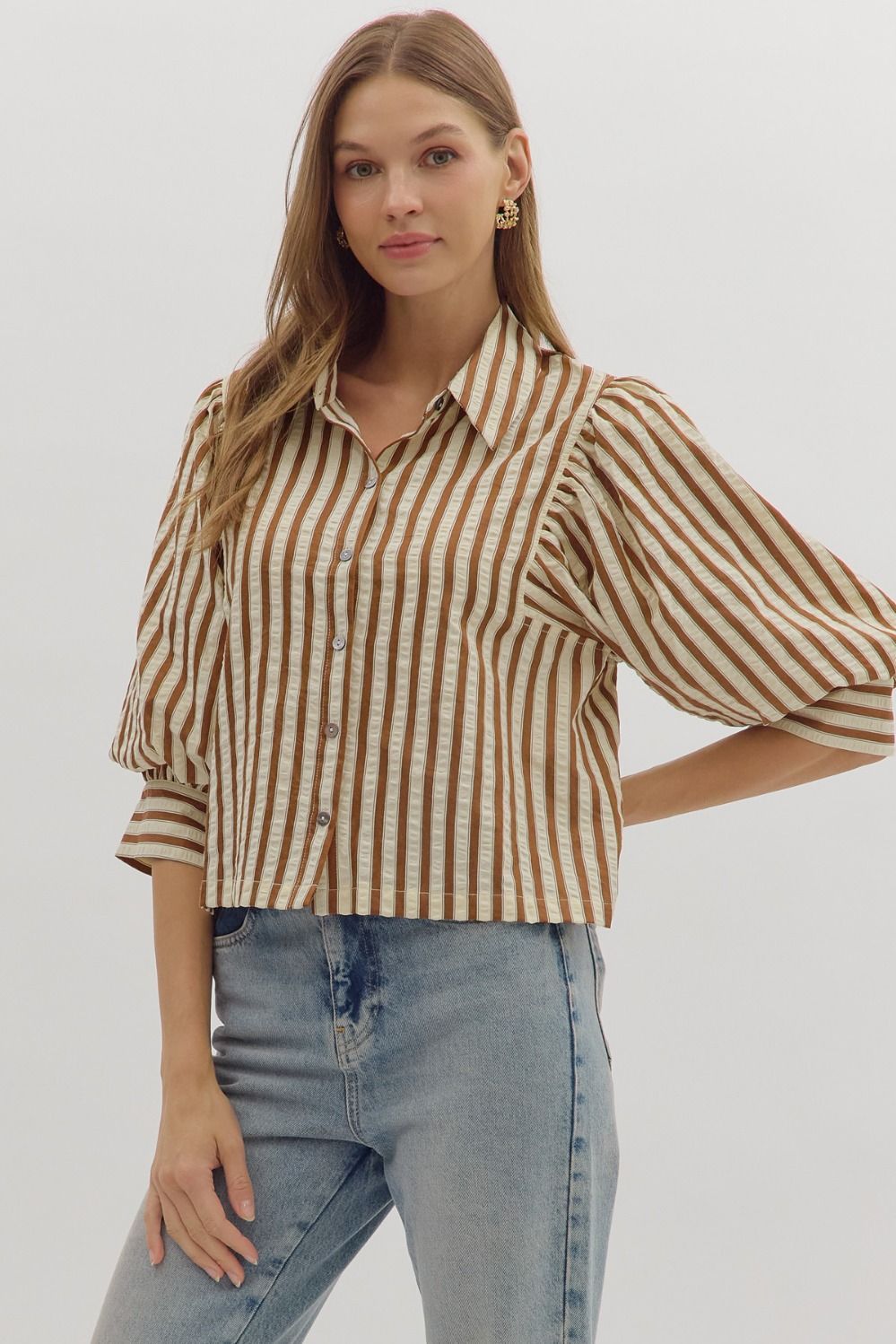 Striped 3/4 Puff Slv Button Down Top, Color: BROWN, Size: S