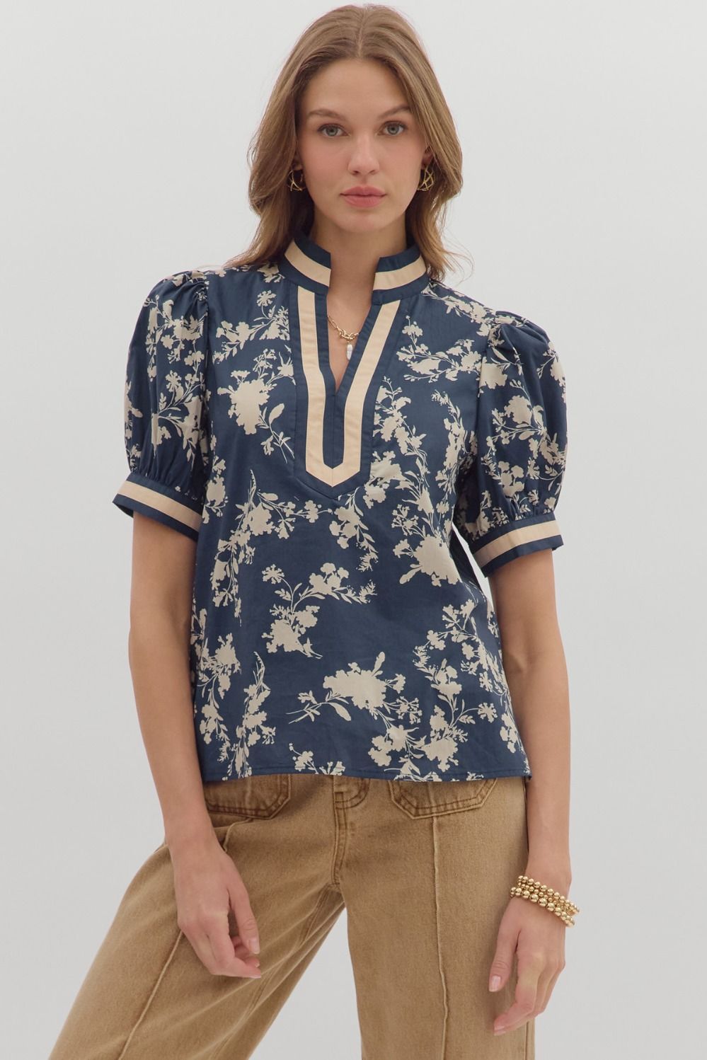 Floral Prt Multicolor Accent Vneck Top, Color: MIDNIGHT, Size: S