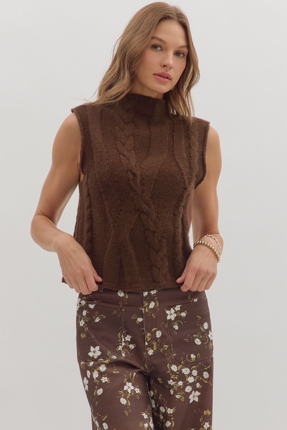 Mock Neck Cable Knit Sweater Top, Color: BROWN, Size: S