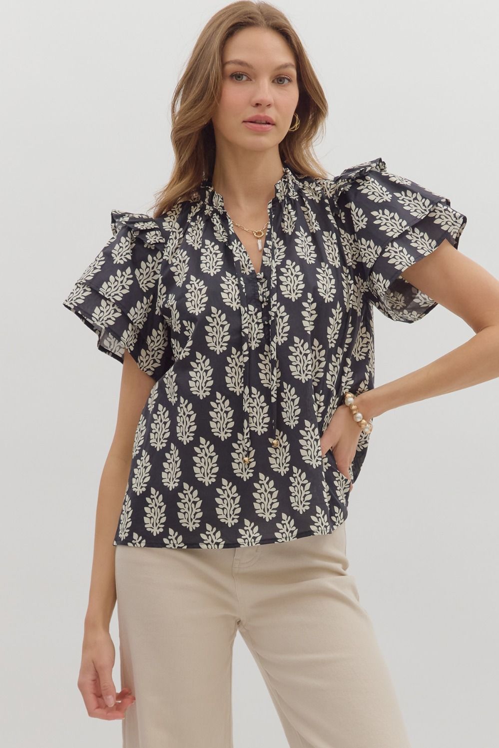 Botanical Tiered Slv Vneck Top, Color: BLACK, Size: S