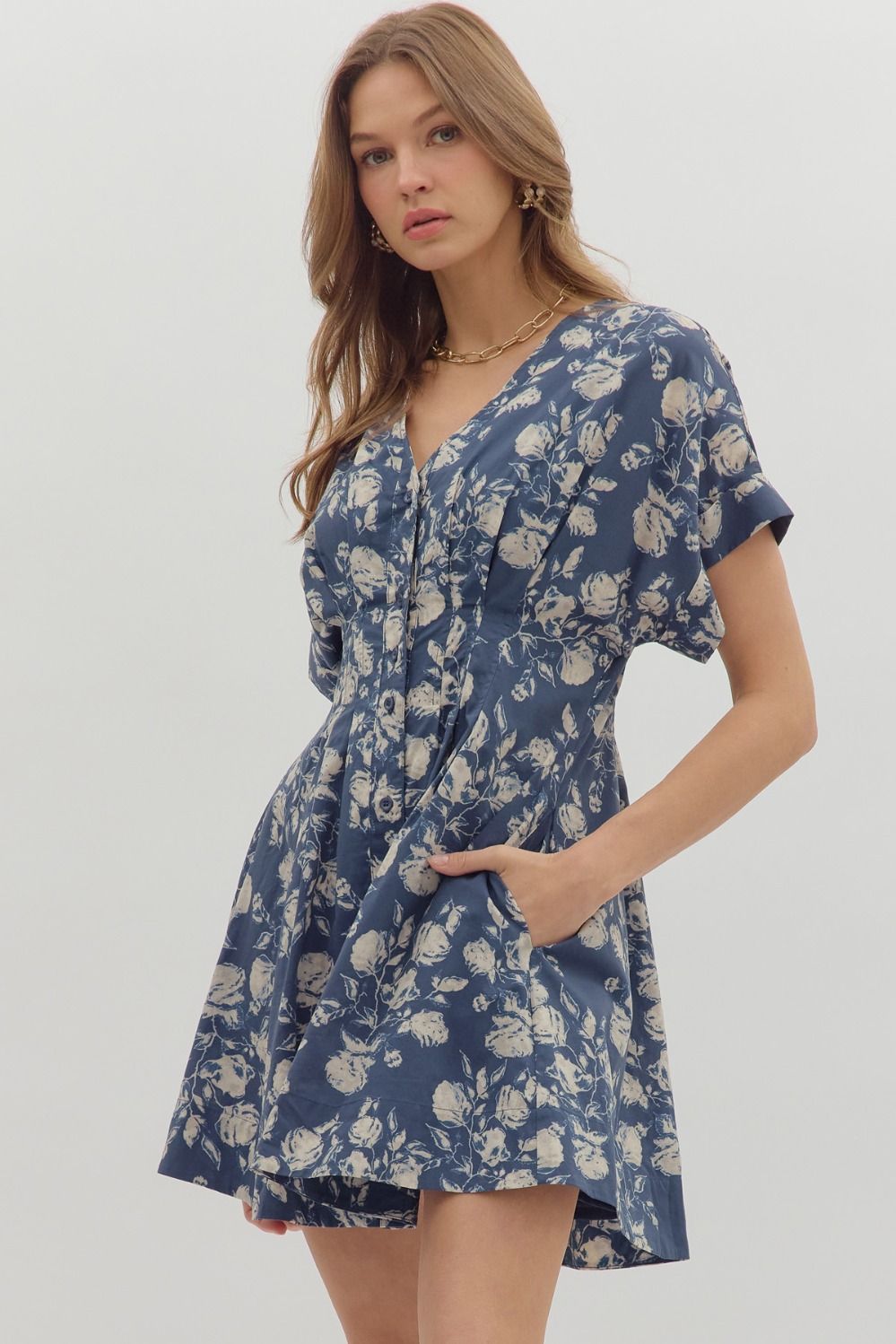 Floral Vneck Pleated Mini Dress, Color: MIDNIGHT, Size: S