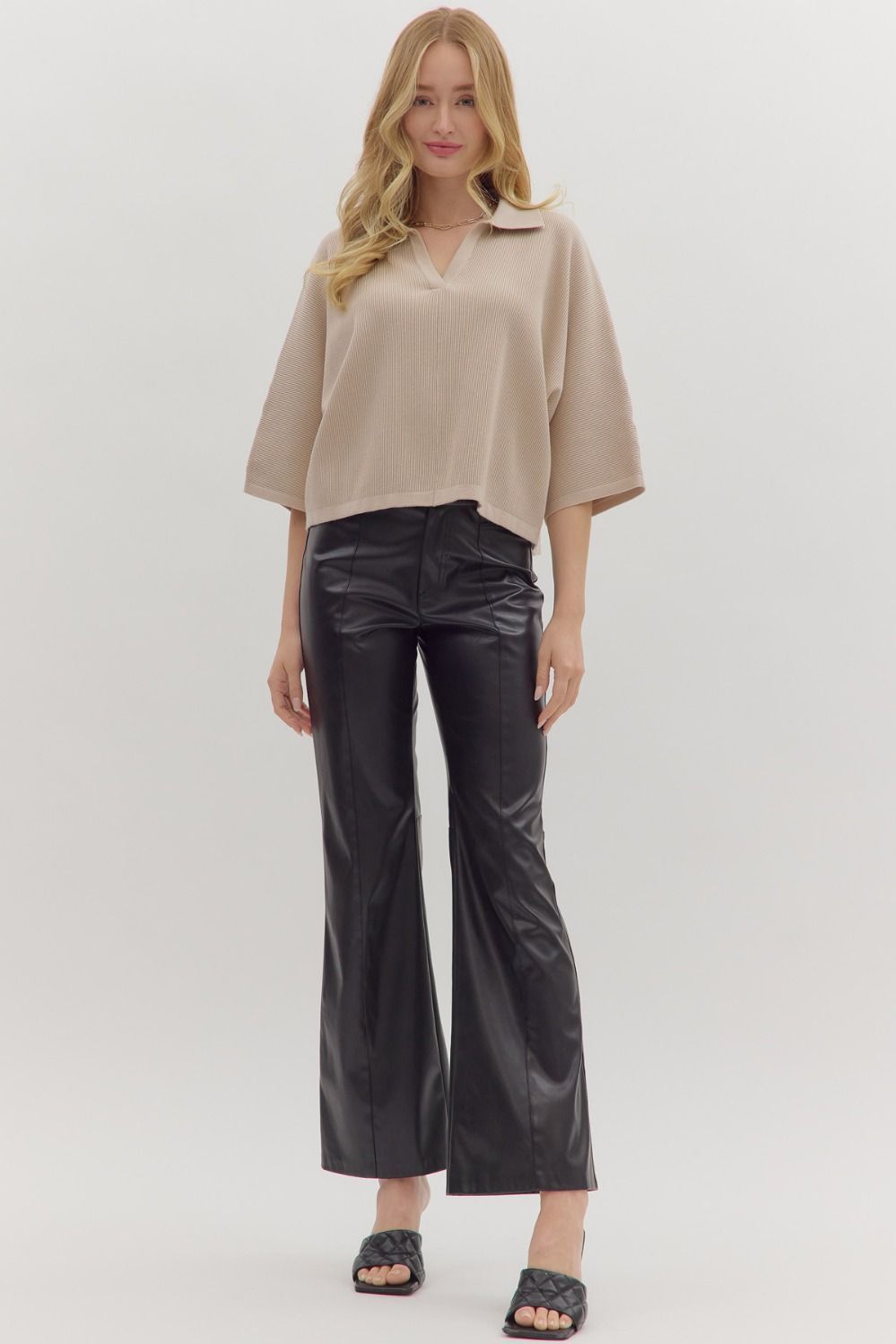 Solid 3/4 Slv Open Vneck Collar Top