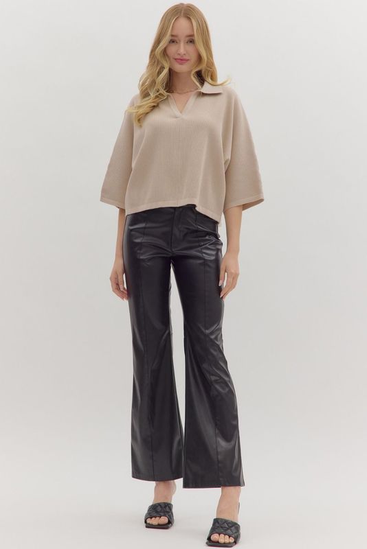 Solid 3/4 Slv Open Vneck Collar Top
