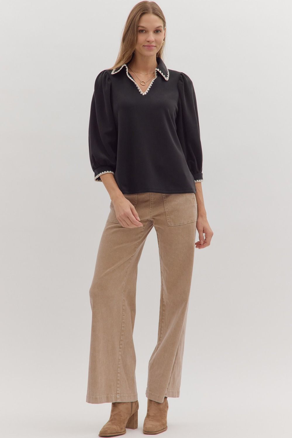 3/4 Puff Slv W/Scallop Accent Trim Top