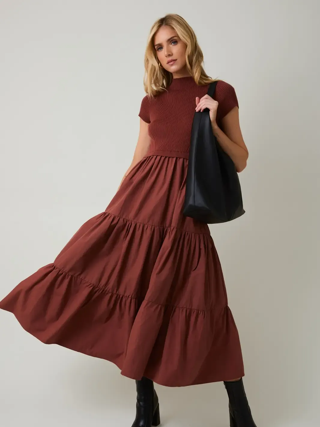 Mock Neck Knit &amp; Woven Mix Tiered Midi Drs