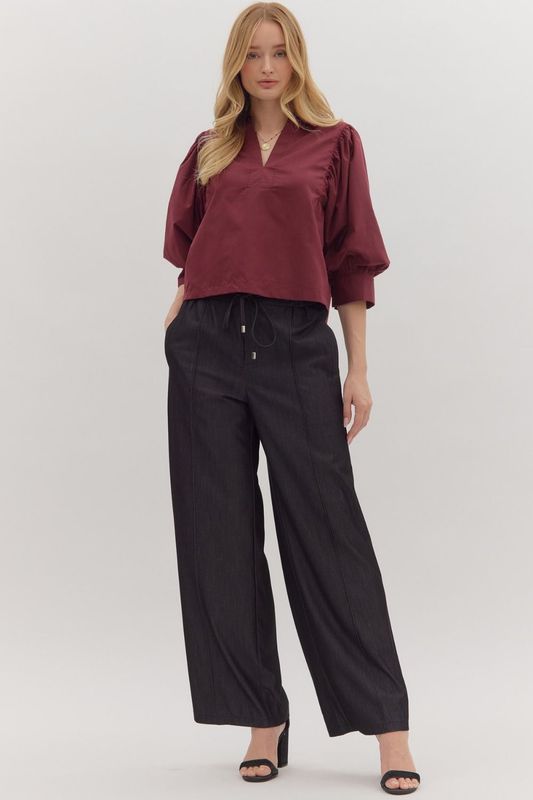 3/4 Slv Vneck Pleated Shoulder Det Top