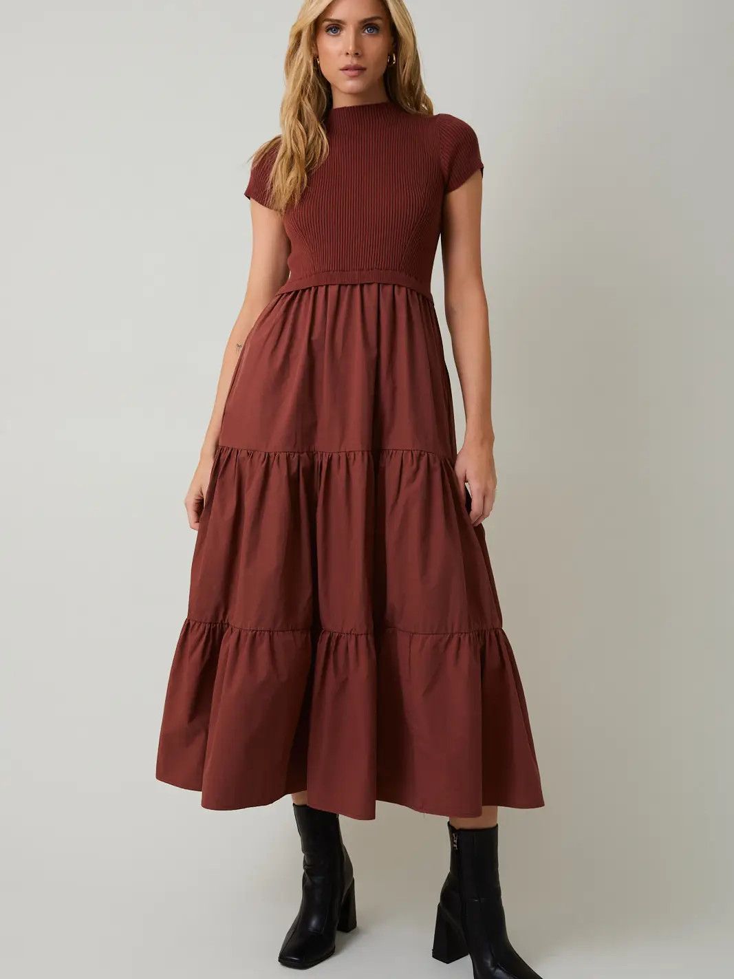 Mock Neck Knit &amp; Woven Mix Tiered Midi Drs, Color: RUST, Size: S