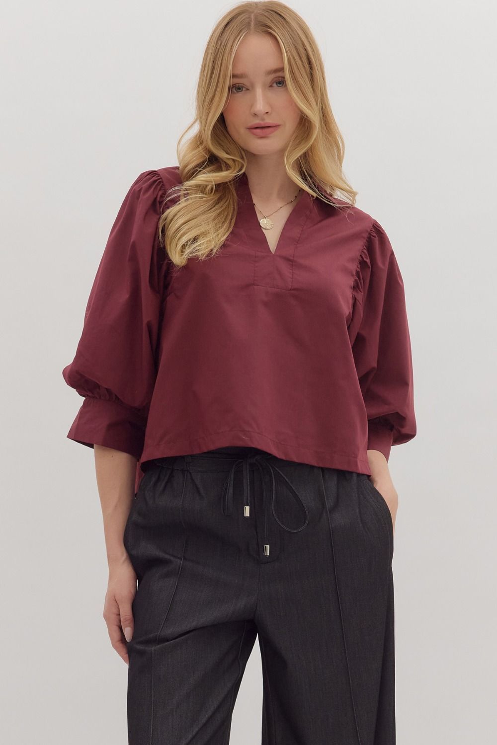 3/4 Slv Vneck Pleated Shoulder Det Top, Color: WINE, Size: S