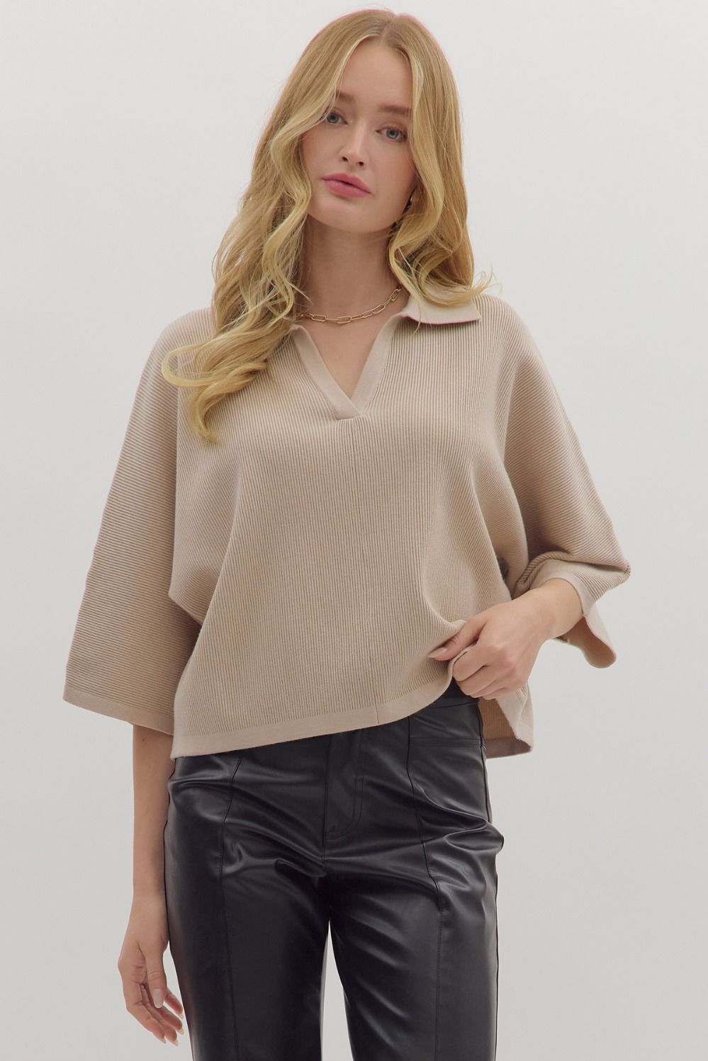Solid 3/4 Slv Open Vneck Collar Top, Color: STONE, Size: S