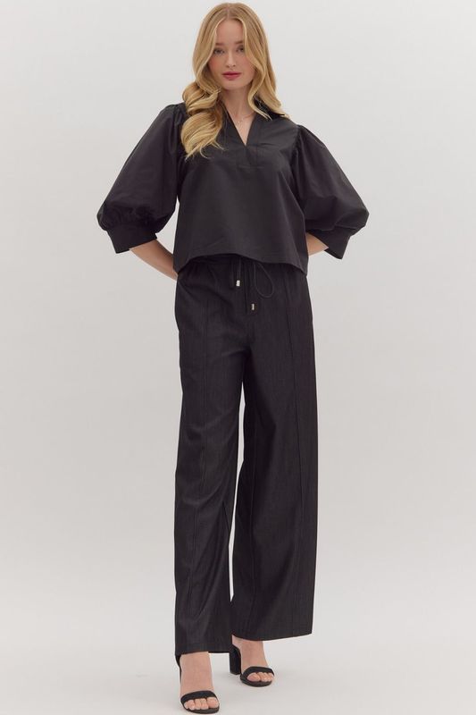 3/4 Slv Vneck Pleated Shoulder Det Top