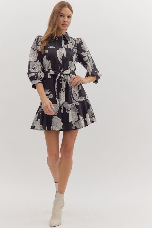 3/4 Puff Slv Floral Mini Dress W/Tie Belt