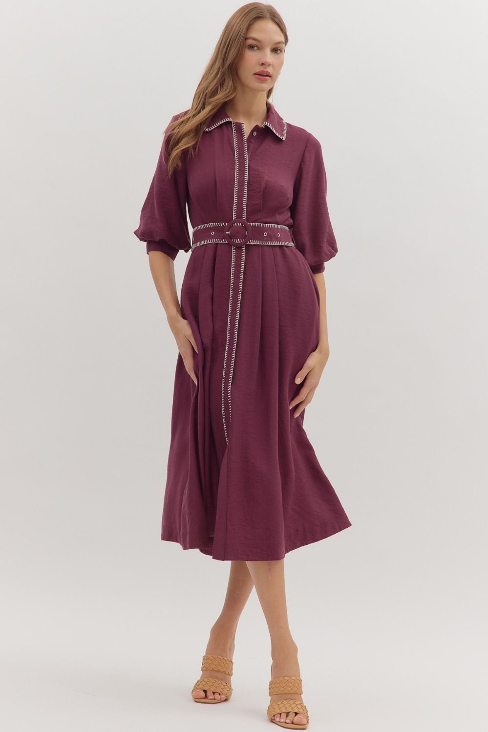 Puff Slv Blanket Stitch Det Midi Dress