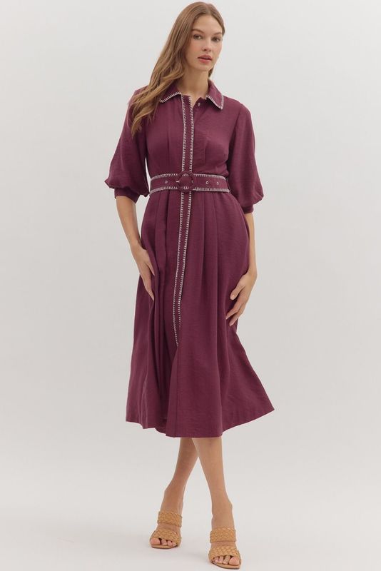 Puff Slv Blanket Stitch Det Midi Dress