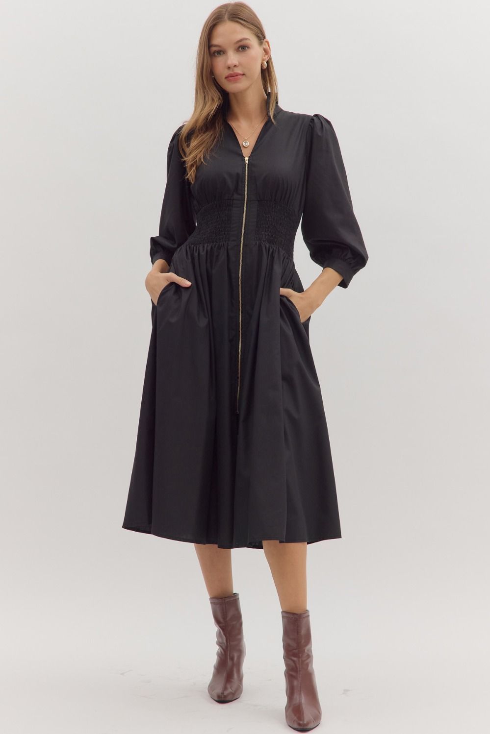 3/4 Puff Slv Zipper Smocked Waist Dress