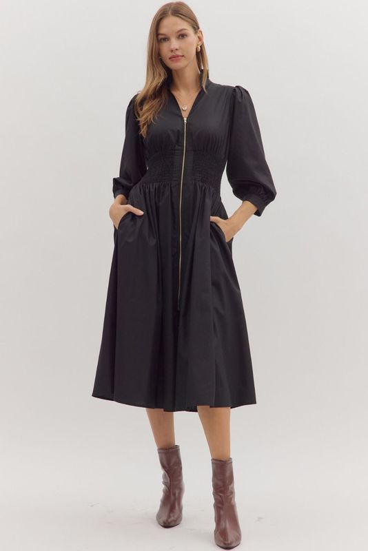 3/4 Puff Slv Zipper Smocked Waist Dress