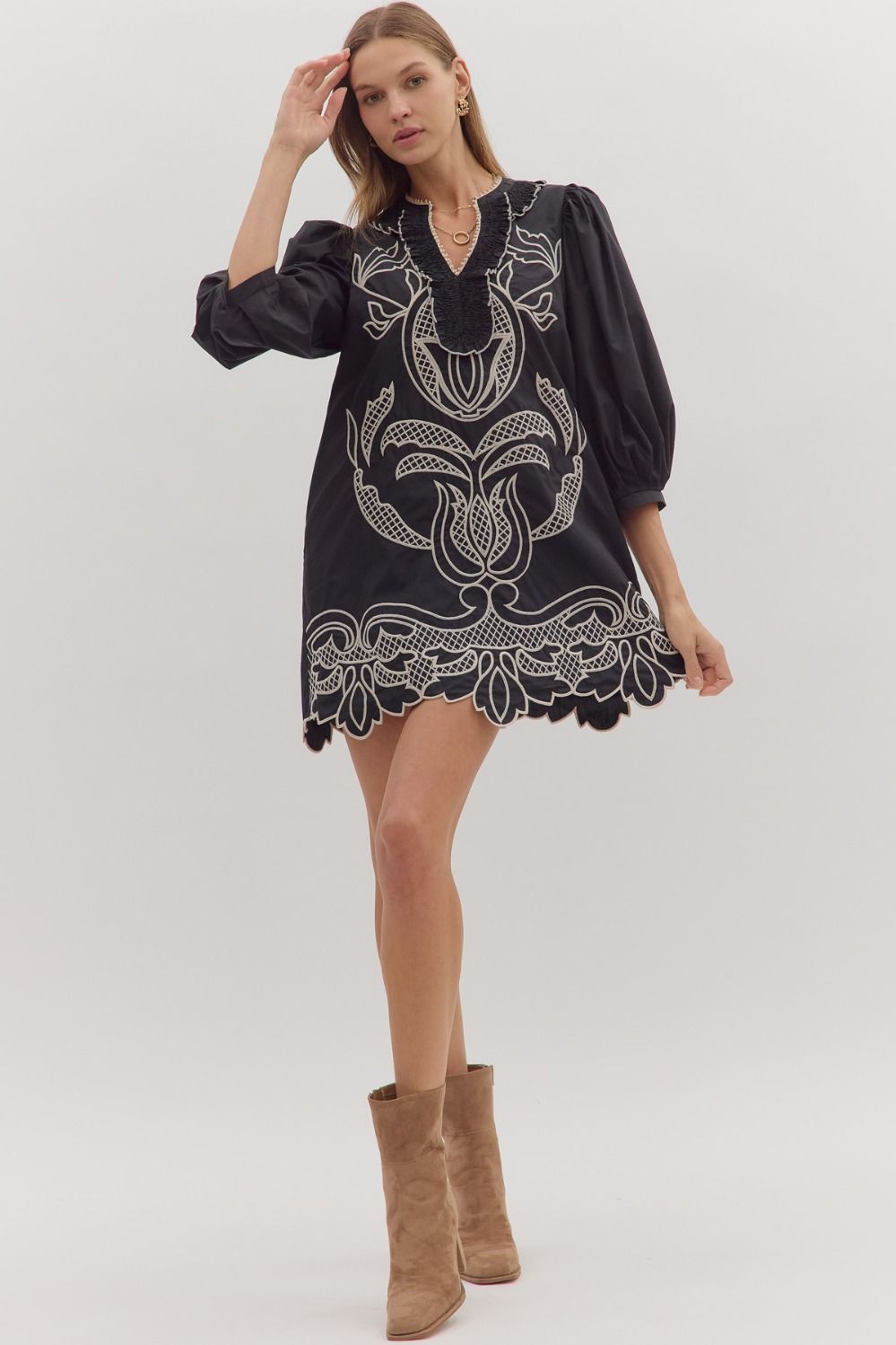3/4 Puff Slv Embroidered Scallop Hem Dress