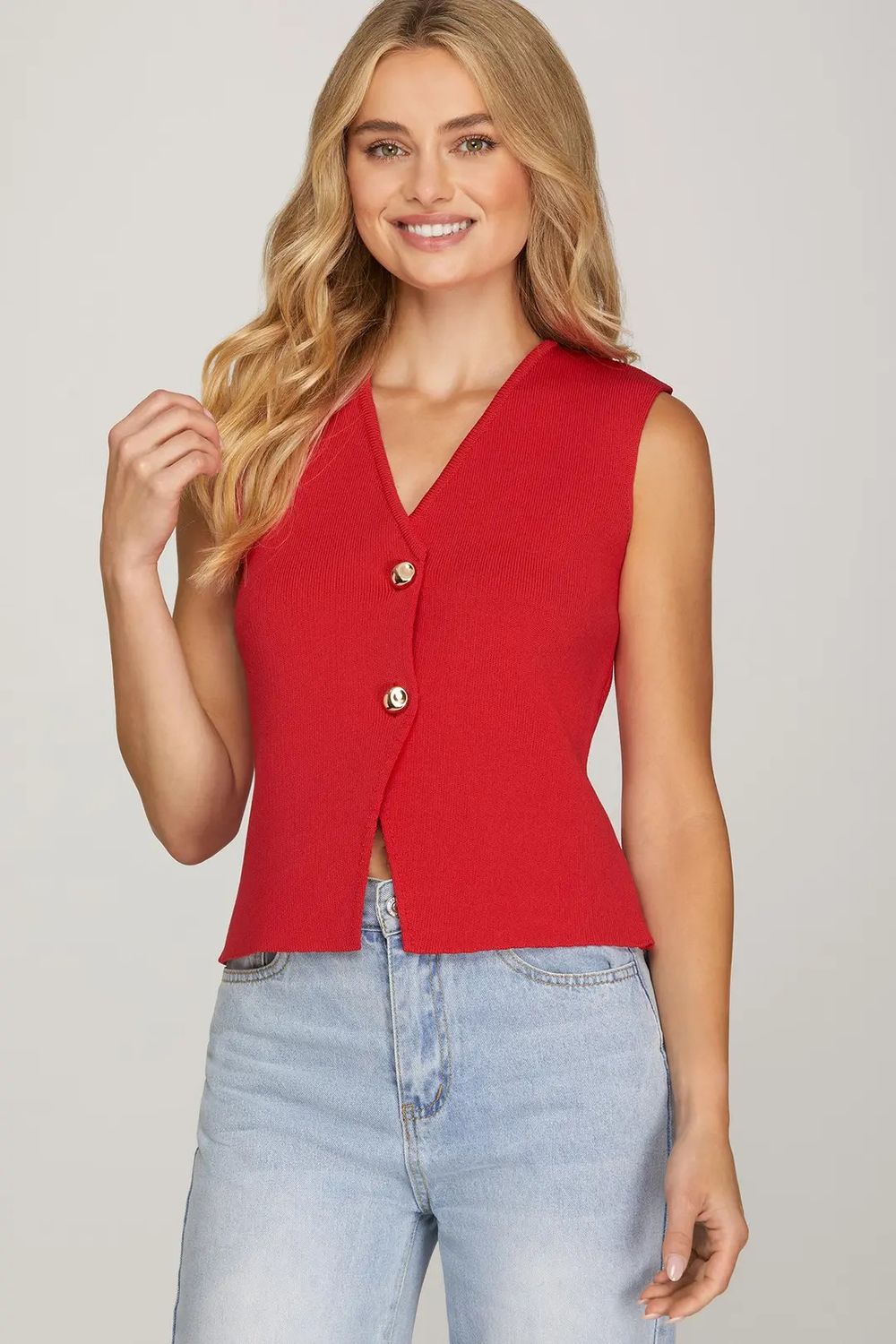 S/L Gold Button Knit Vest, Color: RED, Size: S