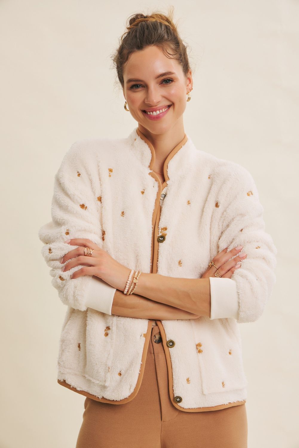 Embroidered Fleece Jacket, Color: CREAM/CAMEL, Size: S