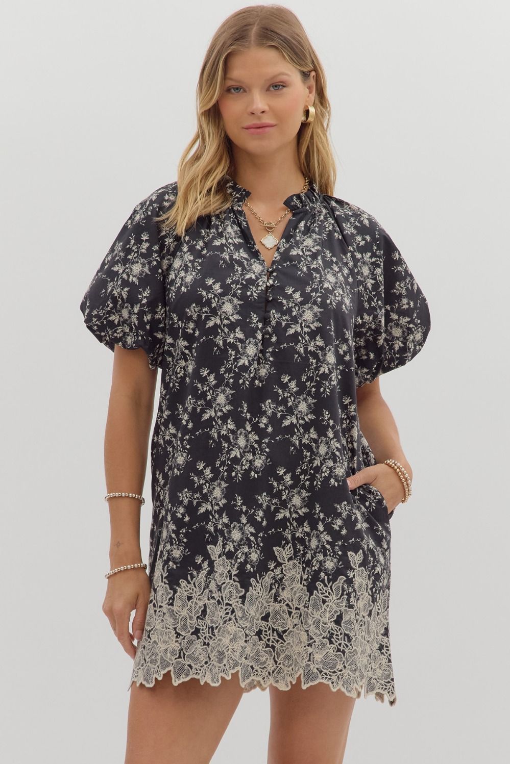 Floral Prt Mini Dress W/Embroidered Hem, Color: BLACK, Size: S