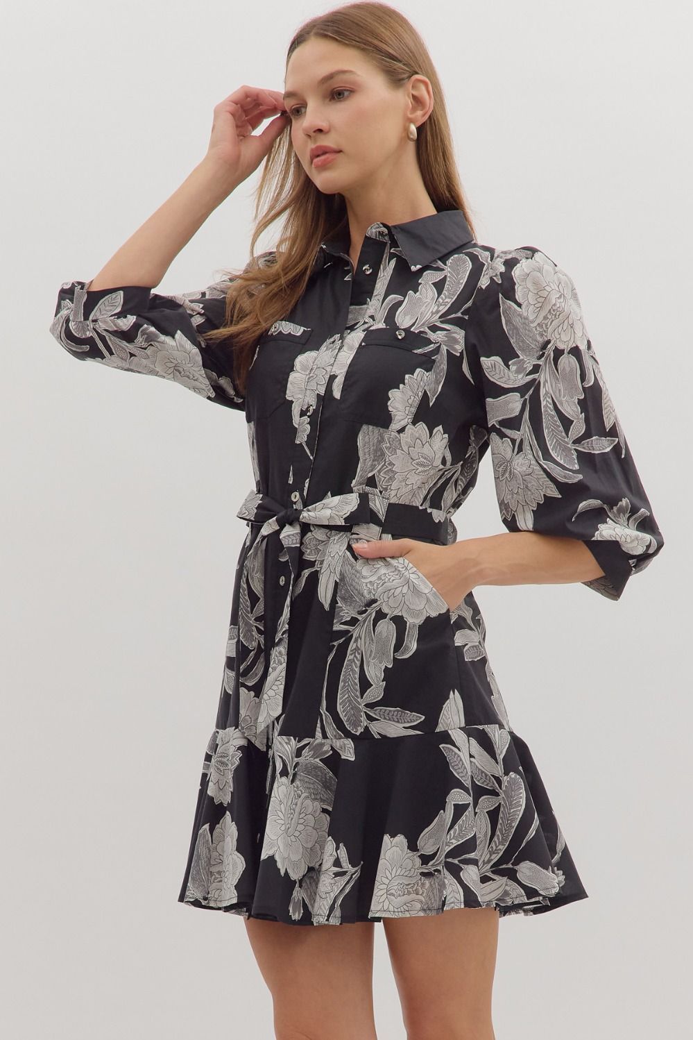 3/4 Puff Slv Floral Mini Dress W/Tie Belt, Color: BLACK, Size: S