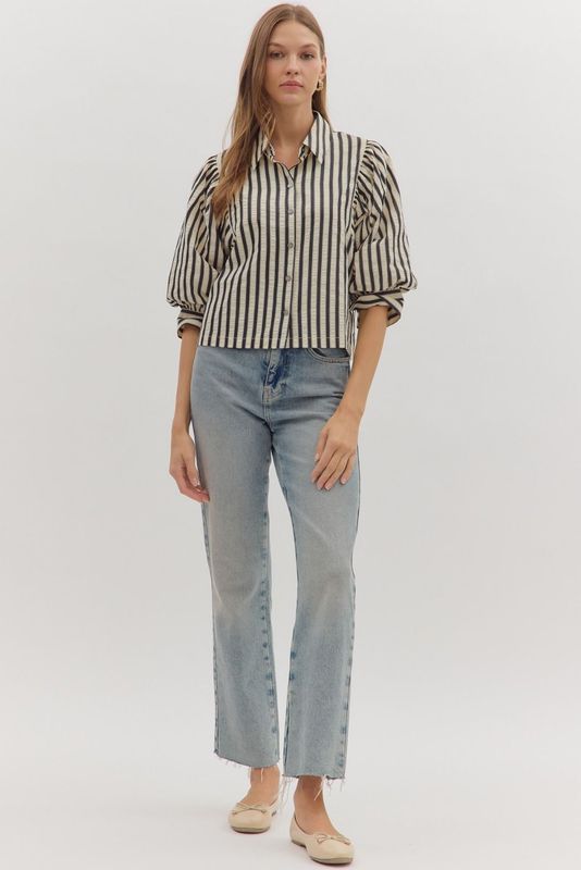 Striped 3/4 Puff Slv Button Down Top