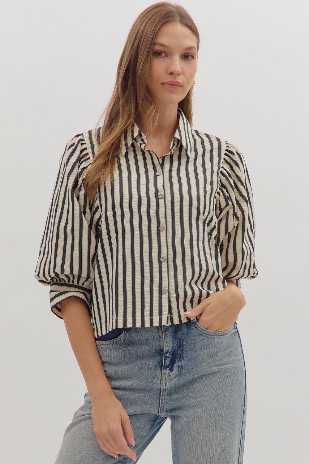 Striped 3/4 Puff Slv Button Down Top, Color: BLACK, Size: S