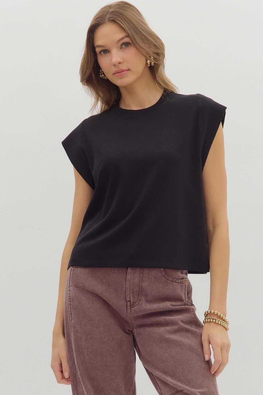 Solid Cap Slv Solid Knit Top, Color: BLACK, Size: S