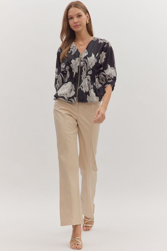 3/4 Slv Floral Zip Up Peplum Blouse