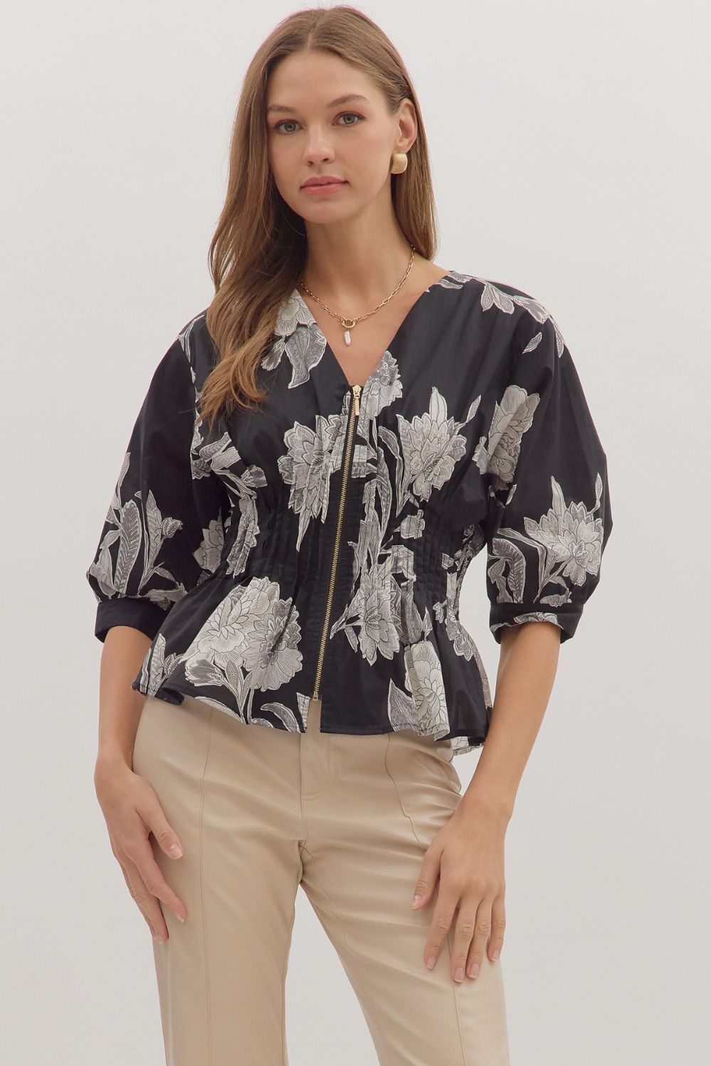 3/4 Slv Floral Zip Up Peplum Blouse, Color: BLACK, Size: S