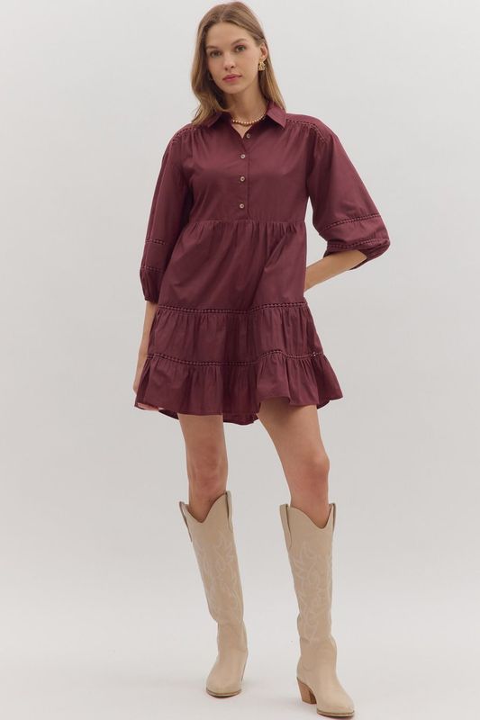 3/4 Slv Tiered Mini Dress W/Lace Trim