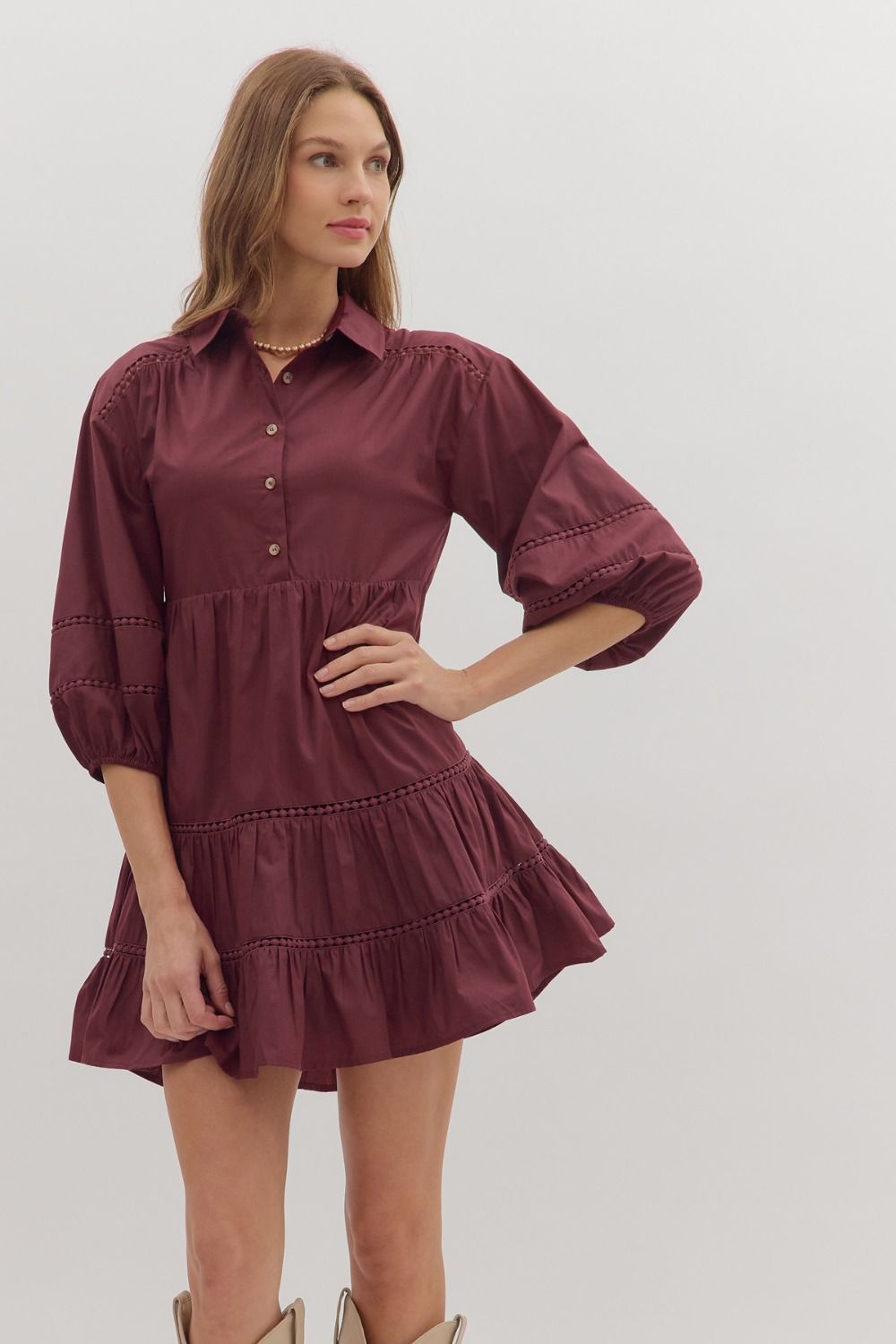 3/4 Slv Tiered Mini Dress W/Lace Trim, Color: WINE, Size: S