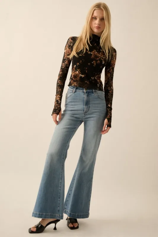 Floral Prt Lace Mock Neck L/S Top