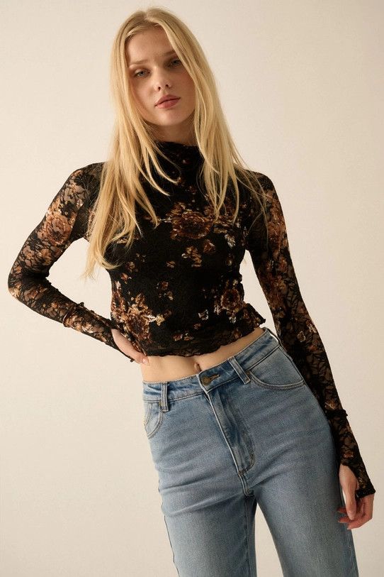 Floral Prt Lace Mock Neck L/S Top, Color: BLACK, Size: S
