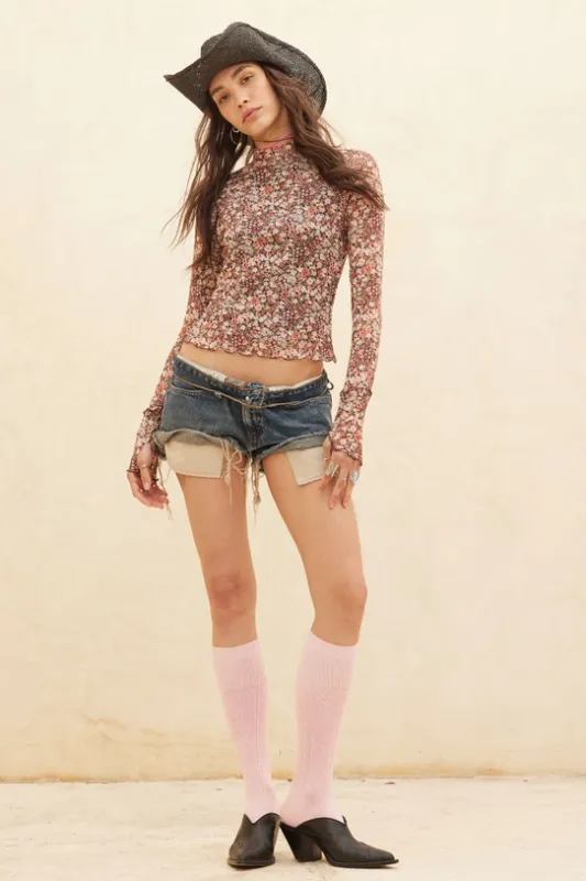Floral Prt Mesh Mock Neck L/S Top