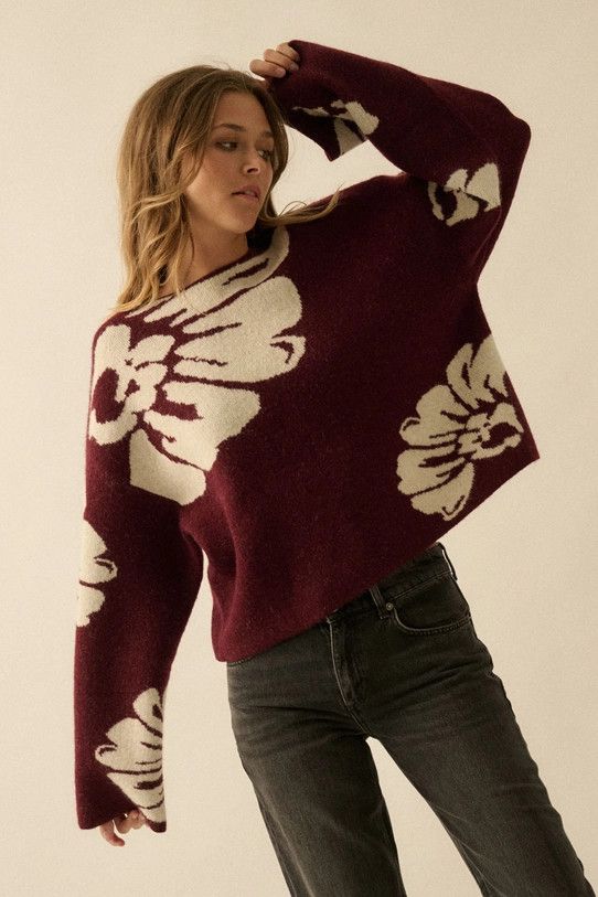 Contrasting Floral Prt Sweater, Color: BURGANDY, Size: S