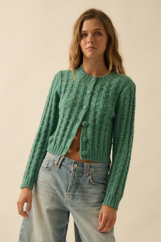 Cable Knit Button Up Cardigan, Color: PINE, Size: S