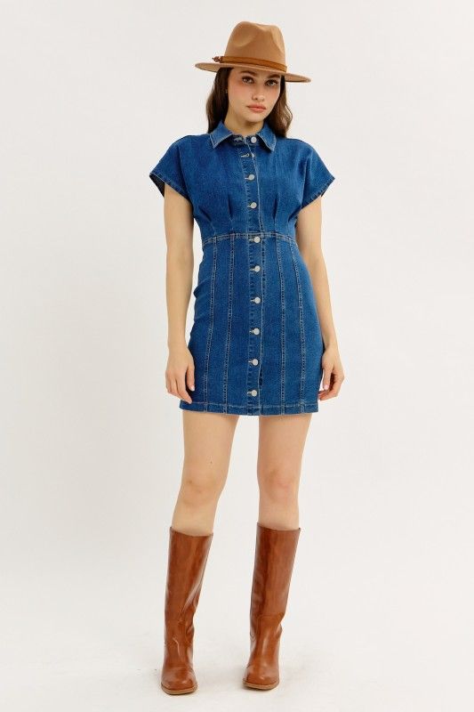 S/S Denim Fitted Mini Dress, Color: DARK DENIM, Size: S