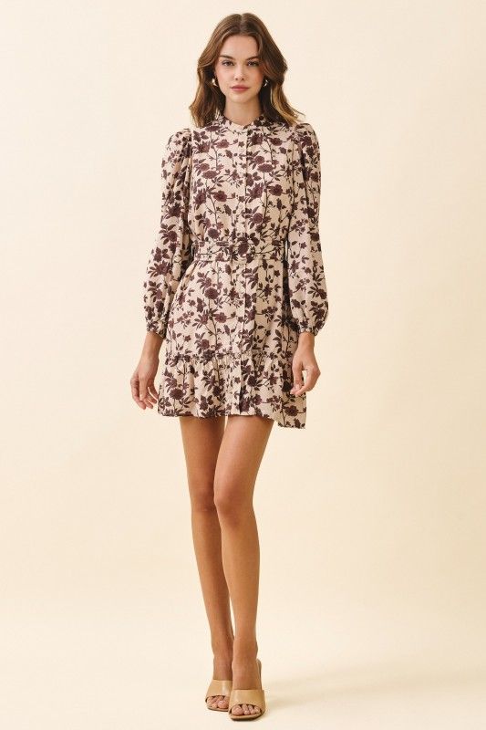 L/S Floral High Neck Belted Dress