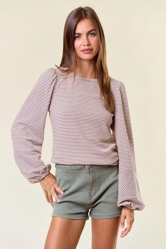 Bubble L/S Striped Knit Top, Color: OAT/BROWN, Size: S