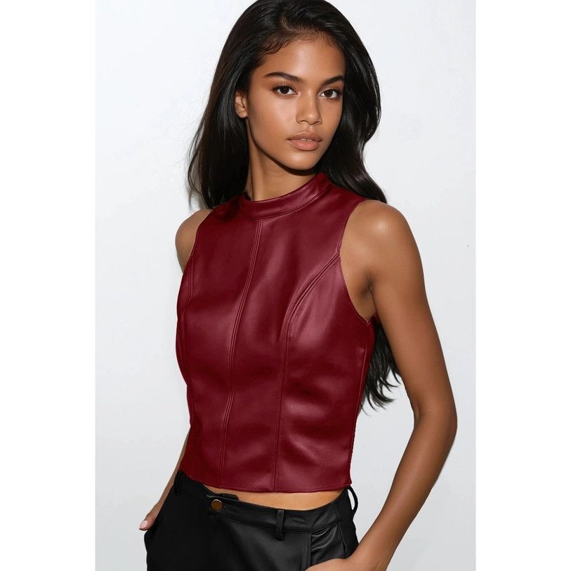 Mock Neck Vegan Leather Tank Top, Color: BURGANDY, Size: S