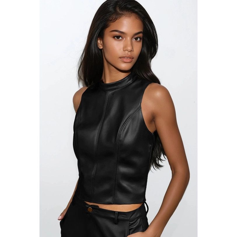 Mock Neck Vegan Leather Tank Top, Color: BLACK, Size: S