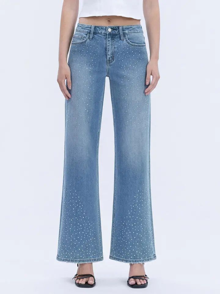 High Rise Rhinestone Wide Leg Jeans, Color: HAMPTON, Size: 25