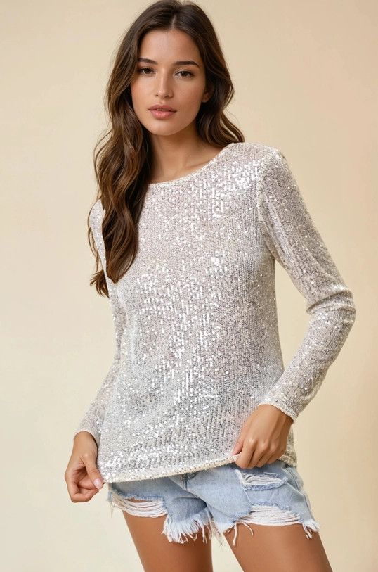 Sequin L/S Top, Color: CHAMPAGNE, Size: S