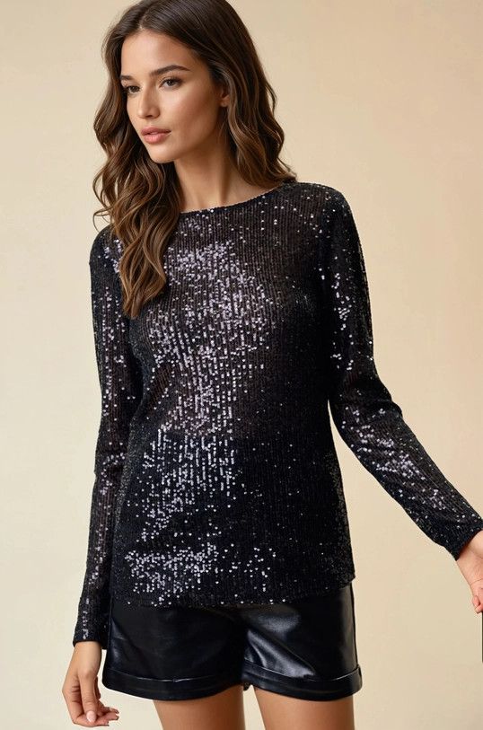 Sequin L/S Top, Color: BLACK, Size: S