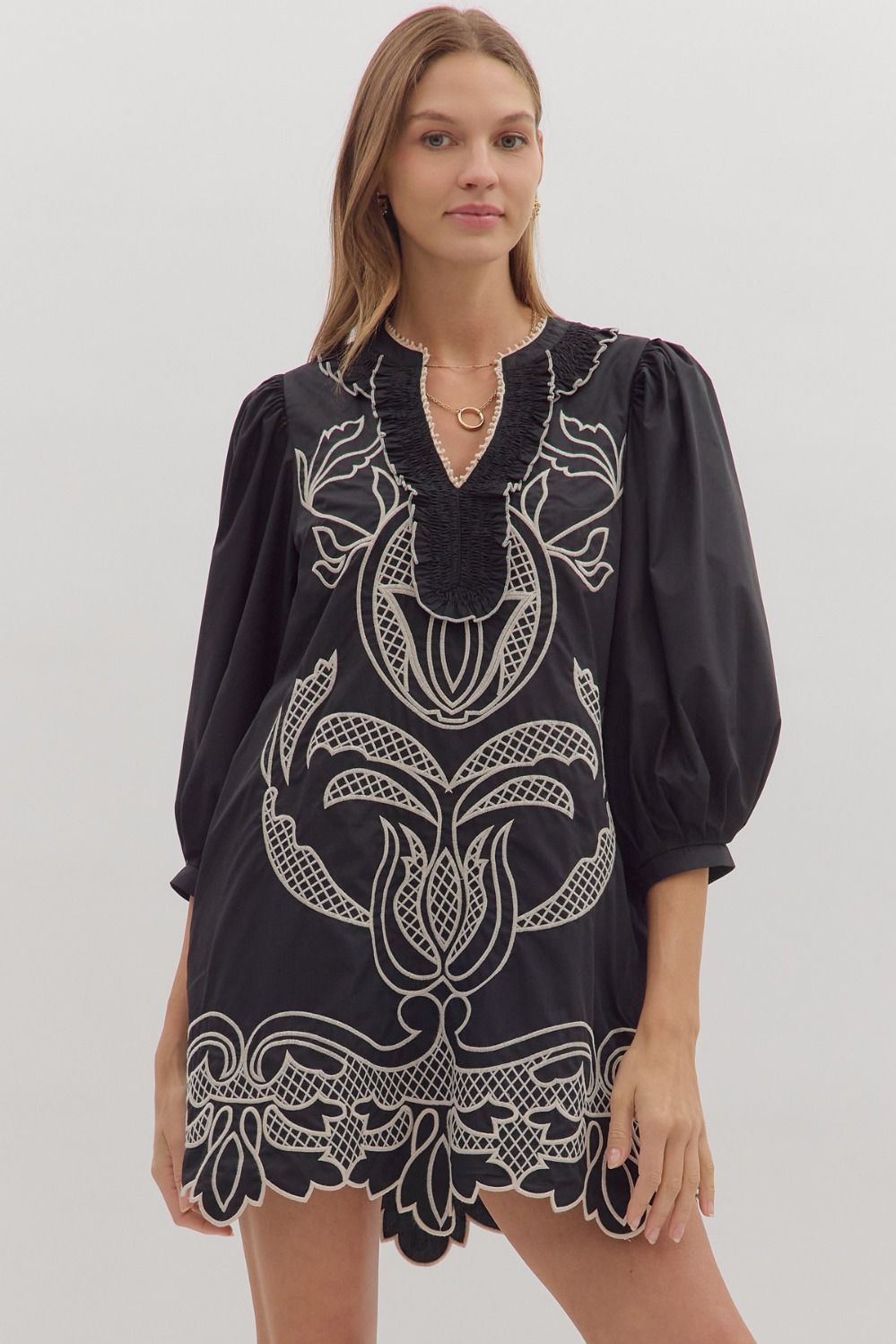 3/4 Puff Slv Embroidered Scallop Hem Dress, Color: BLACK, Size: S