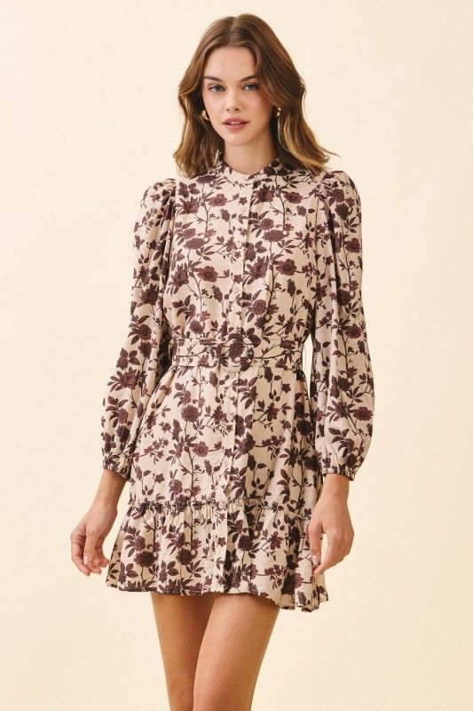 L/S Floral High Neck Belted Dress, Color: BEIGE, Size: S