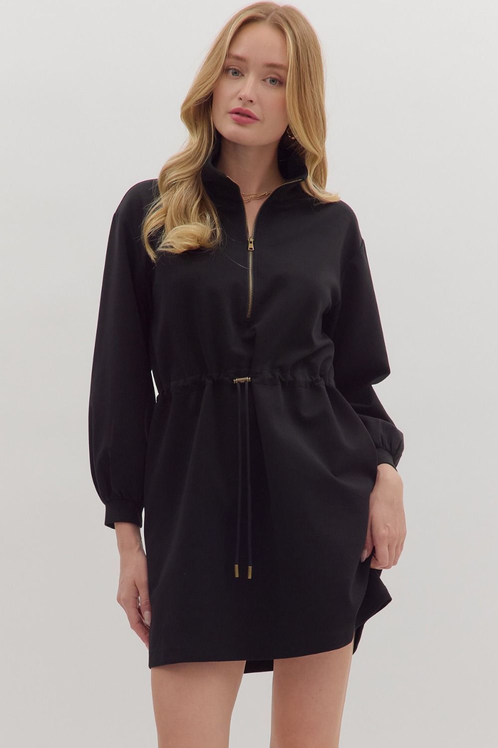 L/S Mini Dress W/Drawstring Waist, Color: BLACK, Size: S