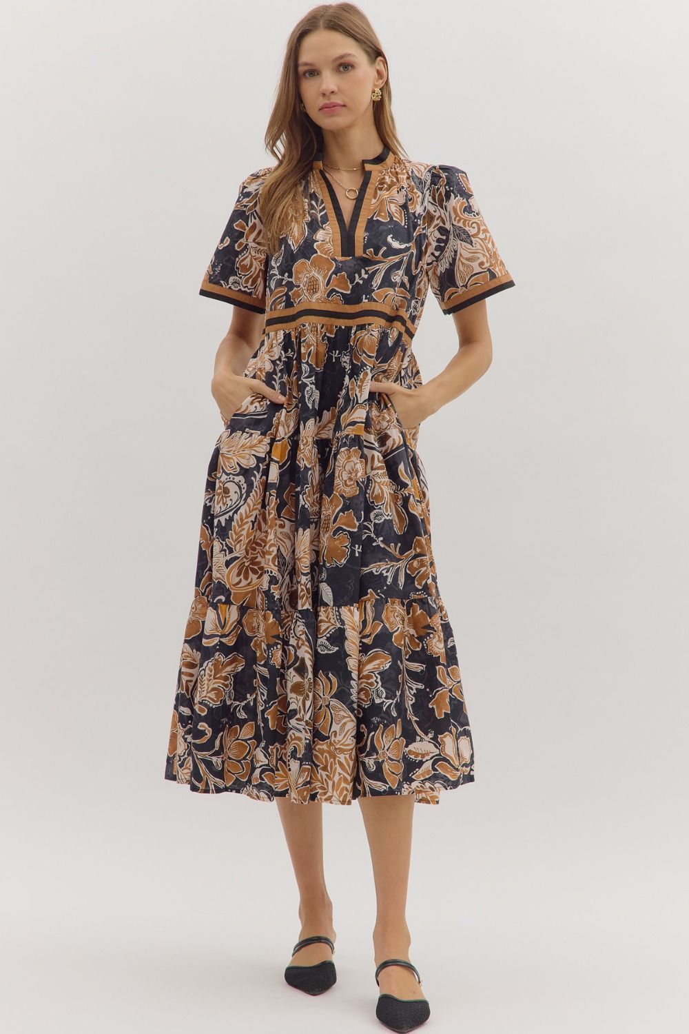 Floral S/S Contrast Midi Dress, Color: BLACK/CAMEL, Size: S