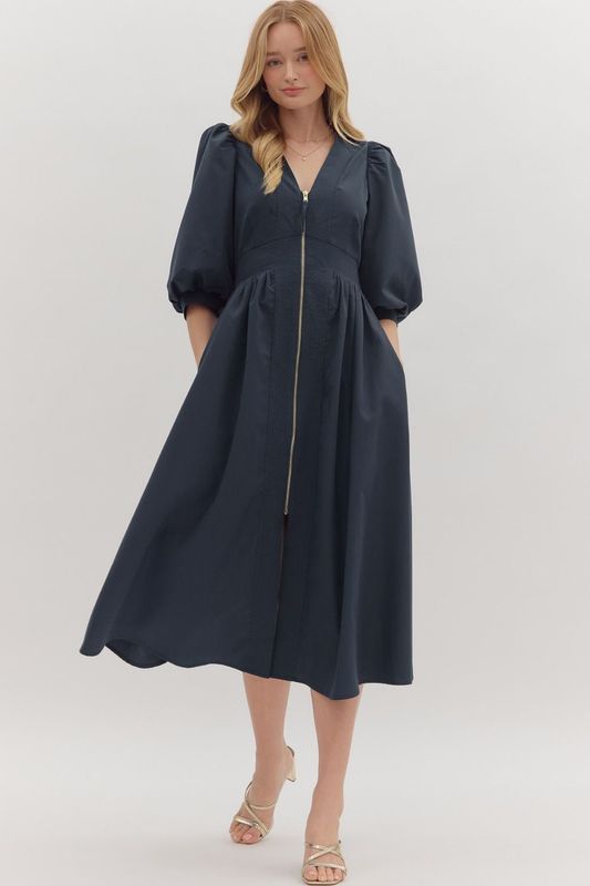 3/4 Puff Slv Vneck Zipper Midi Dress